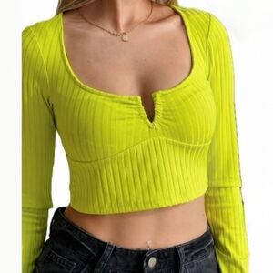 Zara Lime Ribbed Long-Sleeve Crop Top